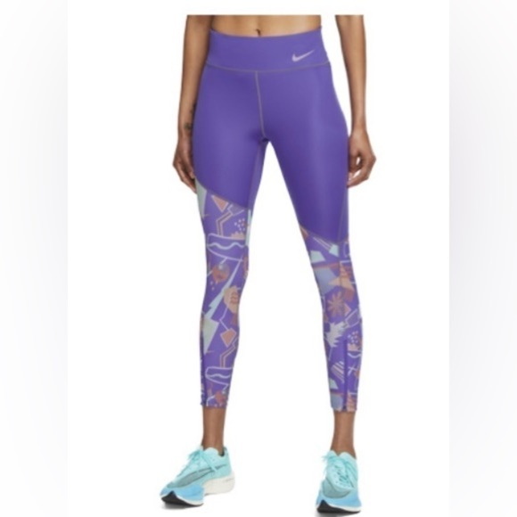 Nike Retro Run Women's 7/8 Mid-Rise Running Leggings with Pockets - Purple Sz M - Picture 2 of 11